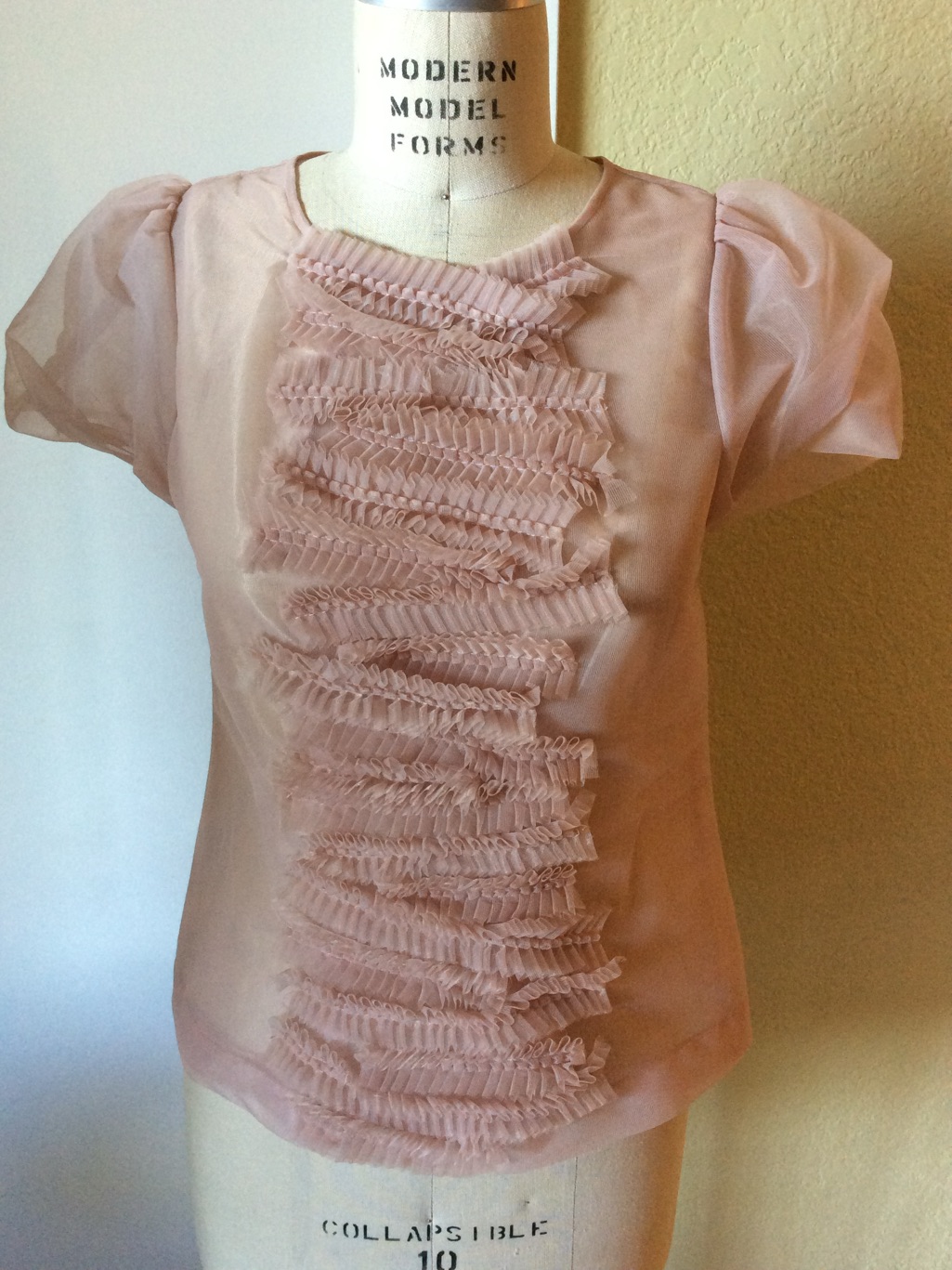 Sheer Taupe Pink Ruffle Front Blouse